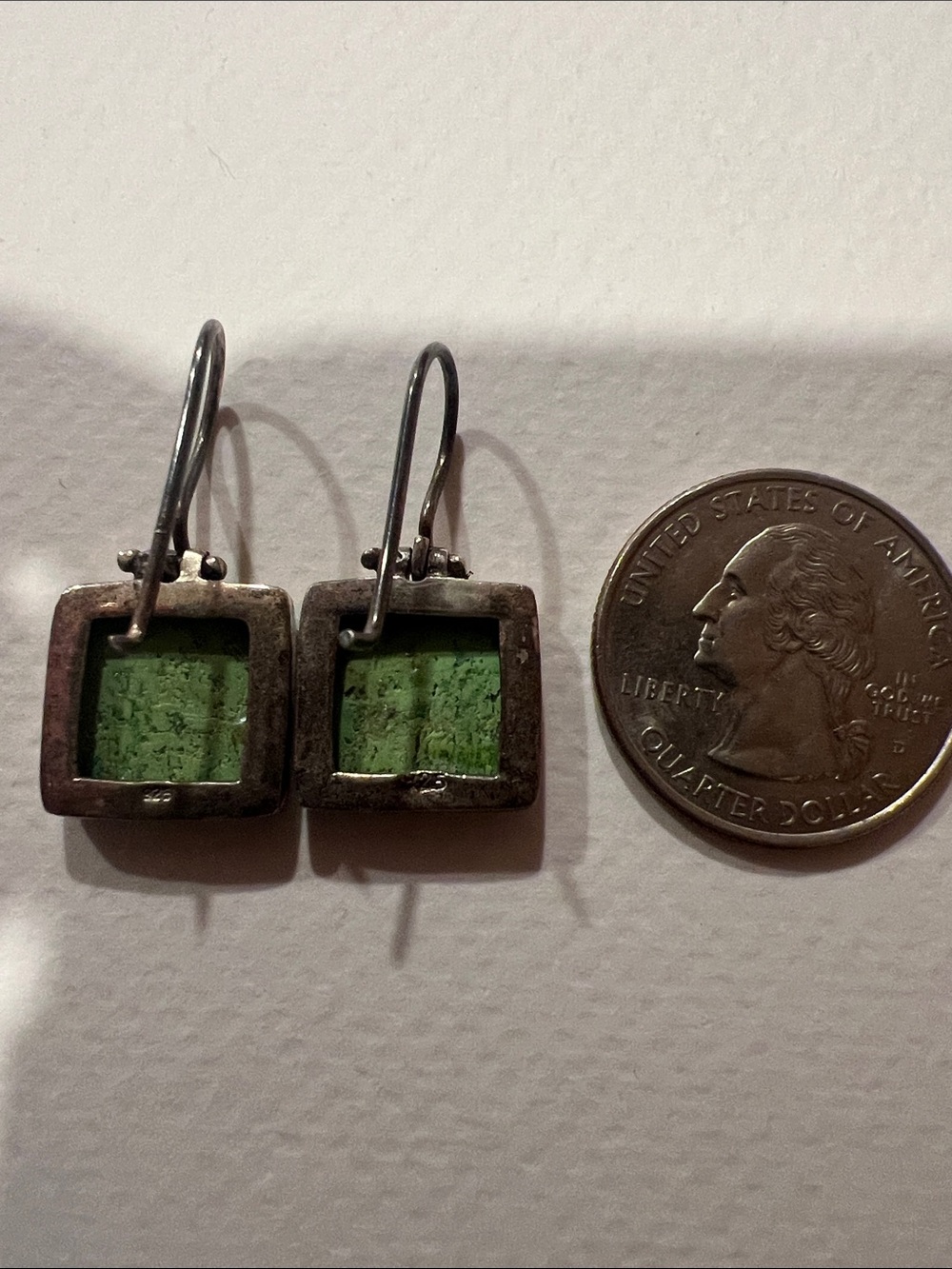 Sterling Silver Green Square Stone Drop Earrings - Picture 4 of 5